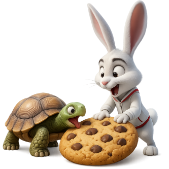 A turtle, a rabbit, and a cookie together, hinting at a story involving these characters.