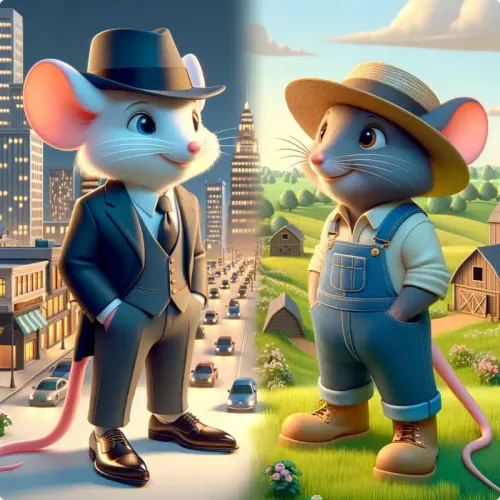 Colorful illustration of La Souris Citadine et la Souris Paysane - a fable