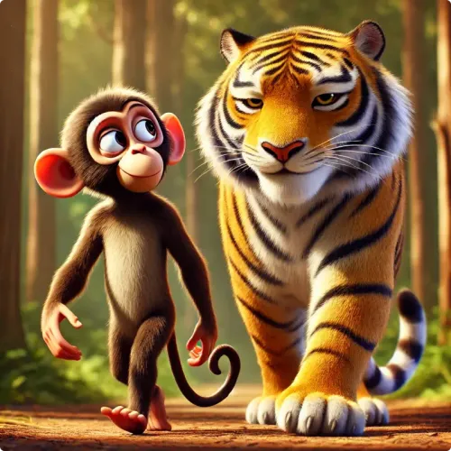 Colorful illustration of How the Monkey and the Goat Earned Their Reputations - a fable