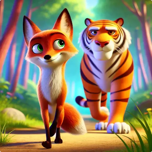 Colorful illustration of The Fox and the Tiger - a fable