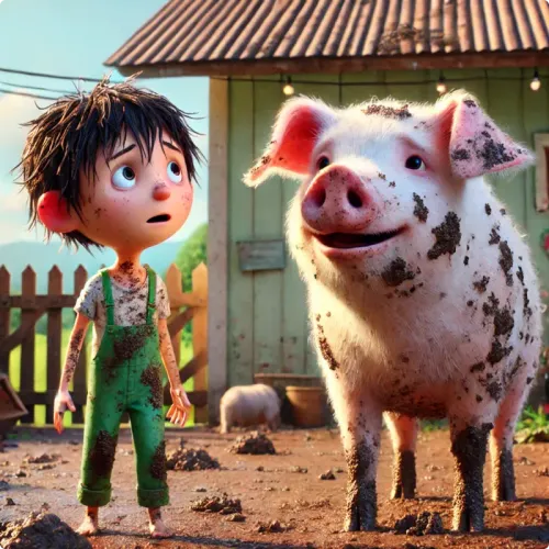 Colorful illustration of The Pig Brother - a fable