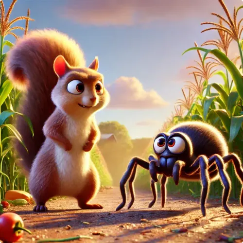 Colorful illustration of The Squirrel and the Spider - a fable