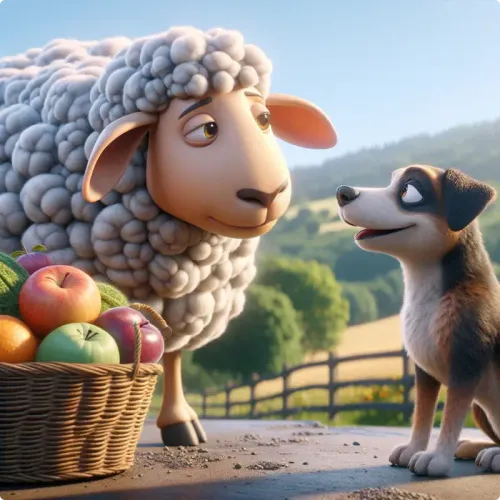 Colorful illustration of A Dog, A Sheep, and A Wolf - a fable
