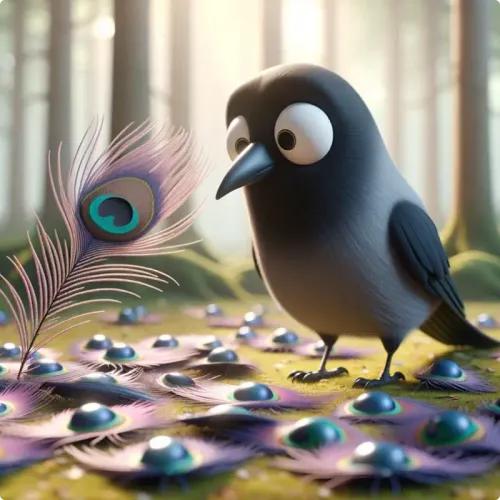Colorful illustration of A Jackdaw and Peacock Feathers - a fable