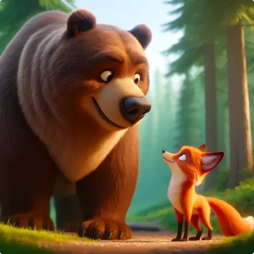 Colorful illustration of The Bear and The Fox - a fable