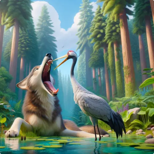 Colorful illustration of The Wolf and the Crane - a fable