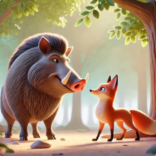 Colorful illustration of The Wild Boar and The Fox - a fable