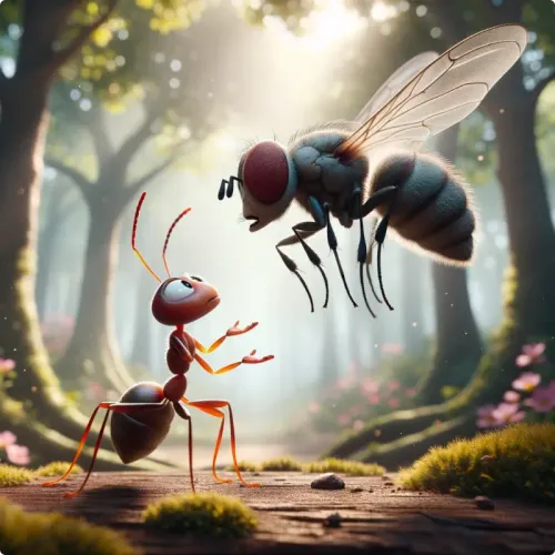 Colorful illustration of The Ant and The Fly - a fable