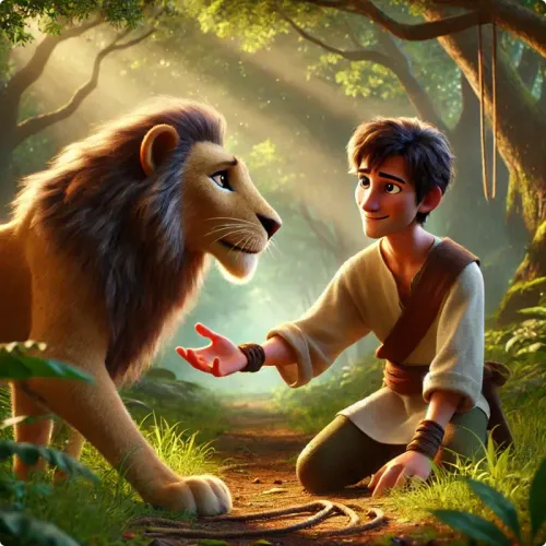 Colorful illustration of The Ape, the Snake, and the Lion - a fable