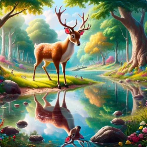 Colorful illustration of The Stag and His Antlers - a fable