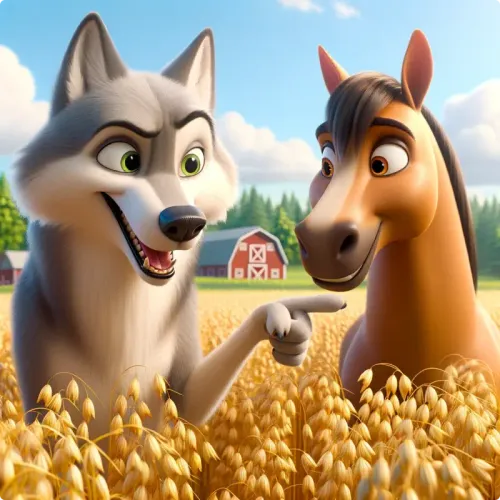 Colorful illustration of The Wolf and The Horse - a fable