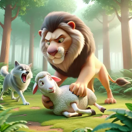Colorful illustration of The Wolf and The Lion - a fable