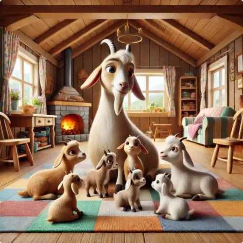 Colorful illustration of The Wolf and The Seven Little Kids - a fable