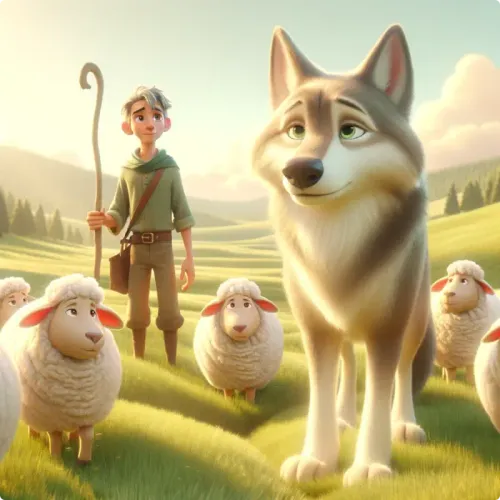 Colorful illustration of The Wolf and The Shepherd - a fable