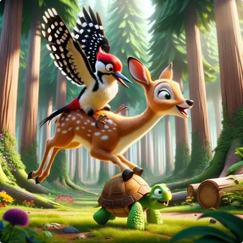Colorful illustration of The Woodpecker, Turtle, And Deer - a fable