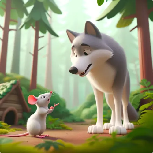 Colorful illustration of The Tricky Wolf and the Rats - a fable