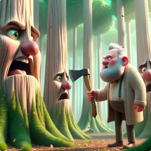 Colorful illustration of The Trees and The Axe - a fable