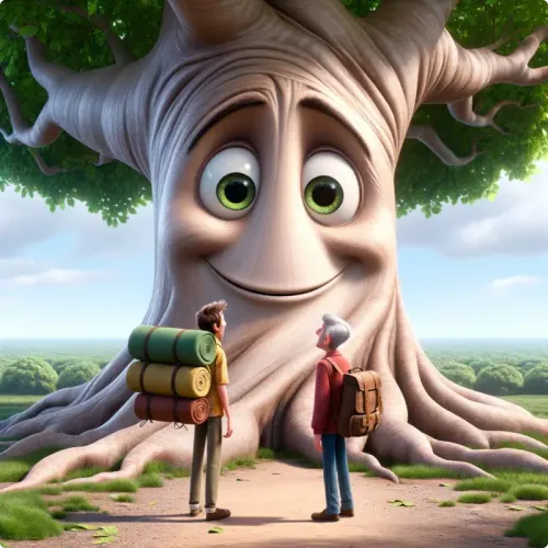 Colorful illustration of The Travelers and The Plane-Tree - a fable