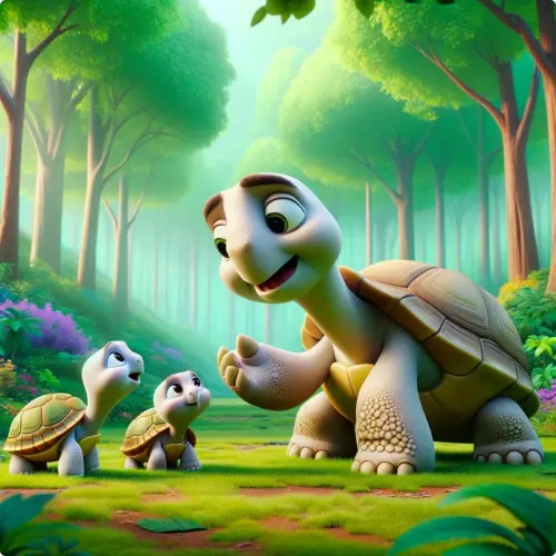 Colorful illustration of The Tortoise and His Children - a fable