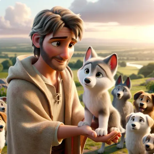 Colorful illustration of The Shepherd and The Young Wolf - a fable