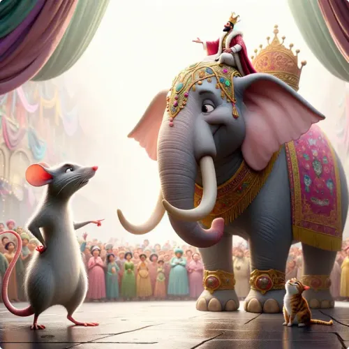 Colorful illustration of The Rat and The Elephant - a fable