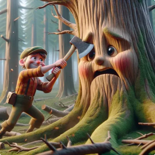 Colorful illustration of The Oak and the Woodcutter - a fable