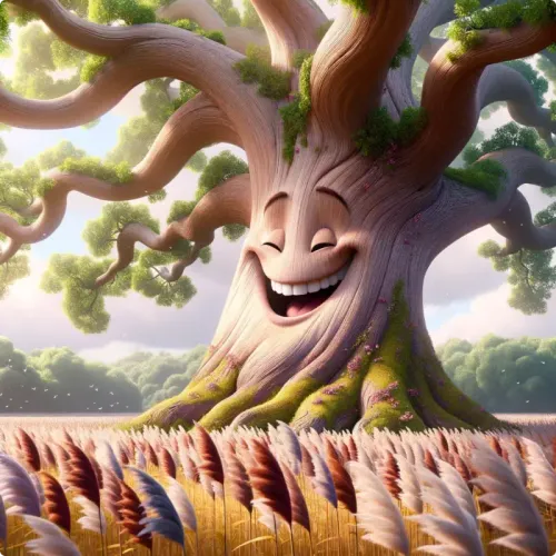 Colorful illustration of The Oak and The Reeds - a fable