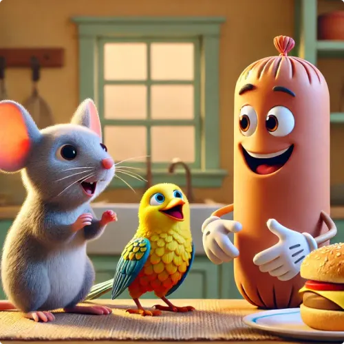 Colorful illustration of The Mouse, the Bird, and the Sausage - a fable