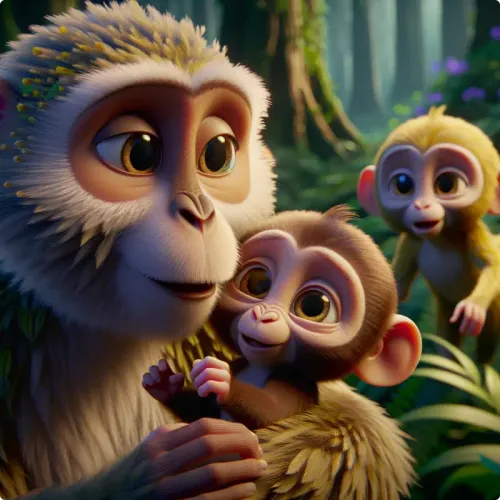 Colorful illustration of The Monkeys and Their Mother - a fable