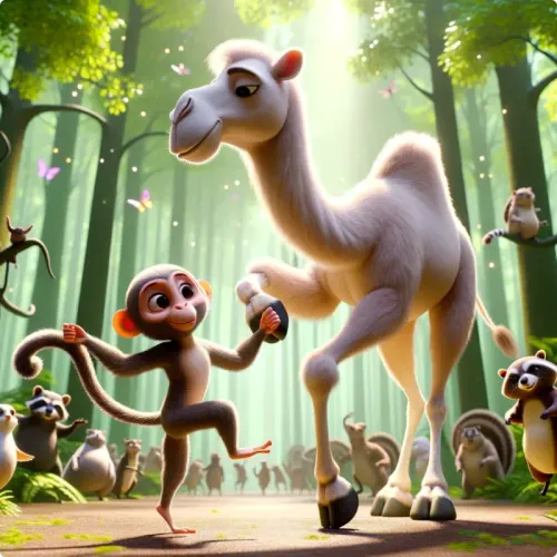 Colorful illustration of The Monkey and The Camel - a fable