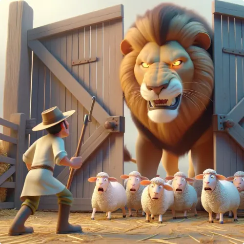 Colorful illustration of The Lion in A Farmyard - a fable
