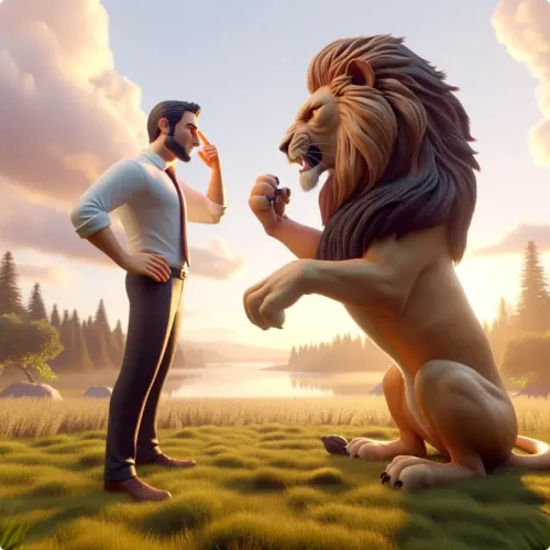Colorful illustration of The Lion and The Statue - a fable