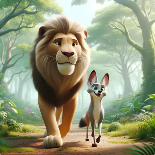 Colorful illustration of The Lion and the Jackal - a fable