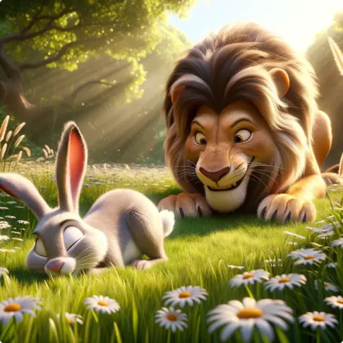 Colorful illustration of The Lion and The Hare - a fable