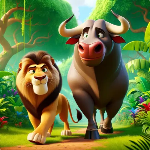 Colorful illustration of Lejonet och Tjuren - a fable