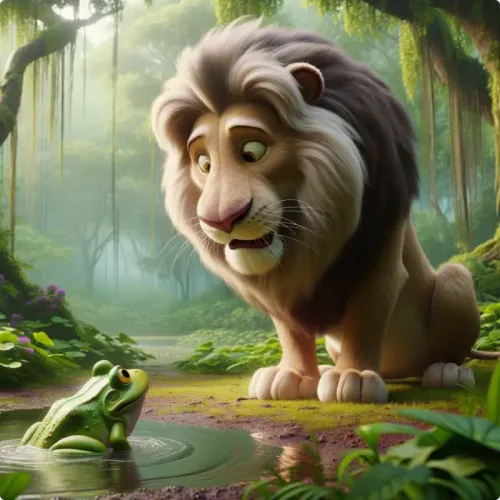 Colorful illustration of The Frightened Lion - a fable