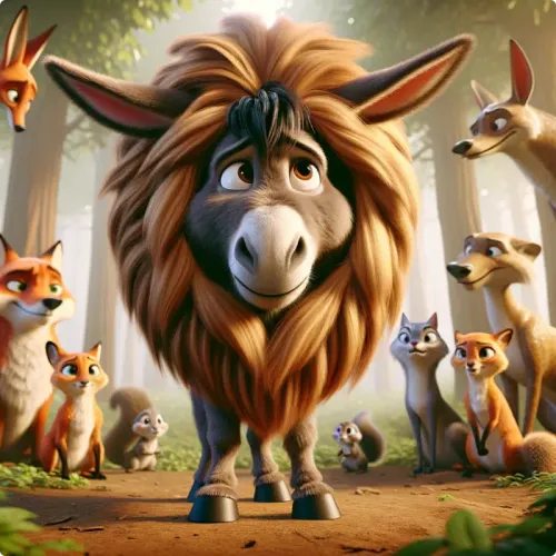 Colorful illustration of The Donkey in The Lion's Skin - a fable