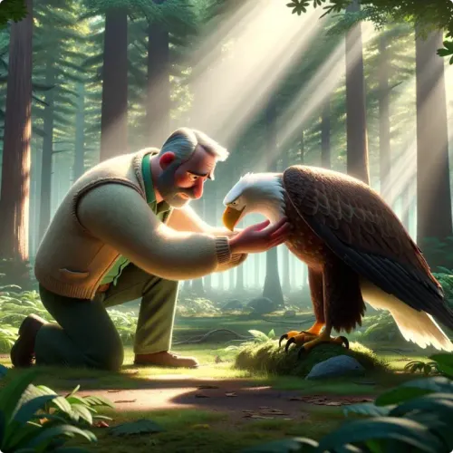 Colorful illustration of The Eagle and The Man - a fable
