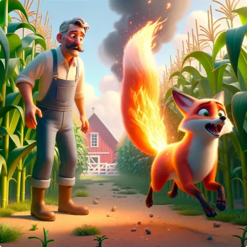 Colorful illustration of The Farmer and The Fox - a fable