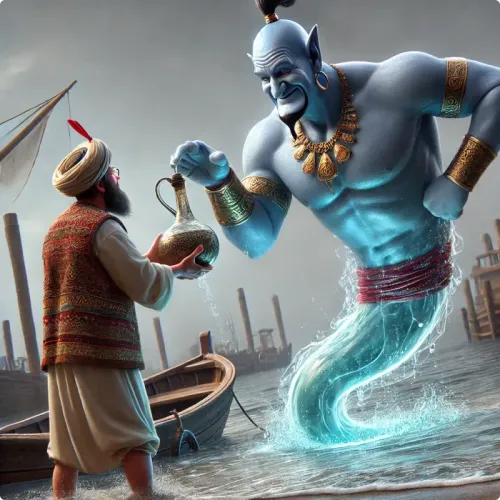 Colorful illustration of The Fisherman and the Genie - a fable