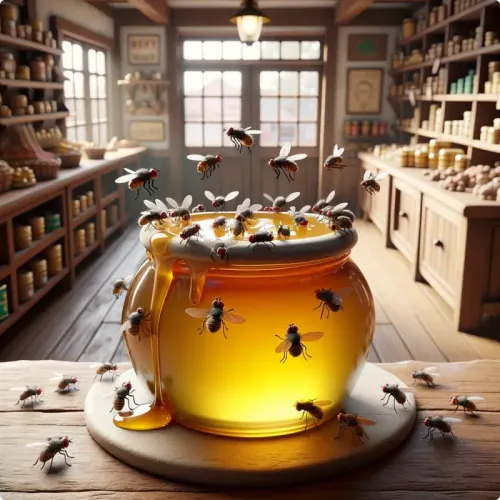 Colorful illustration of The Flies and The Honey Pot - a fable
