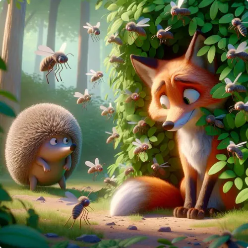Colorful illustration of The Fox and The Hedgehog - a fable