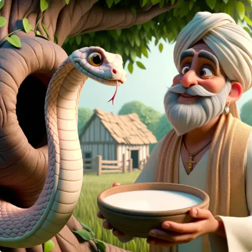 Colorful illustration of The Brahmin and the Cobra - a fable