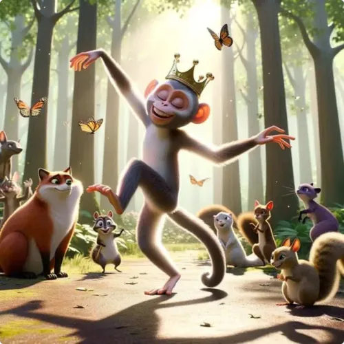 Colorful illustration of The Fox and The Monkey - a fable