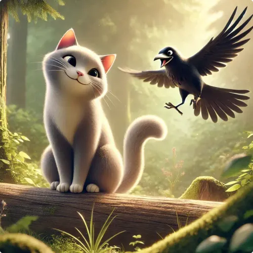Colorful illustration of The Cat and the Crow - a fable