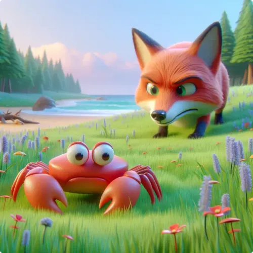 Colorful illustration of The Crab and the Fox - a fable