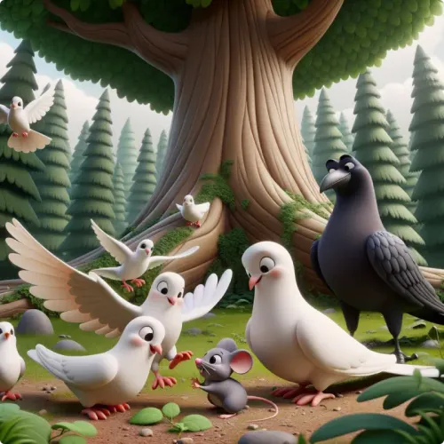 Colorful illustration of The Crow, the Doves, and the Mouse - a fable