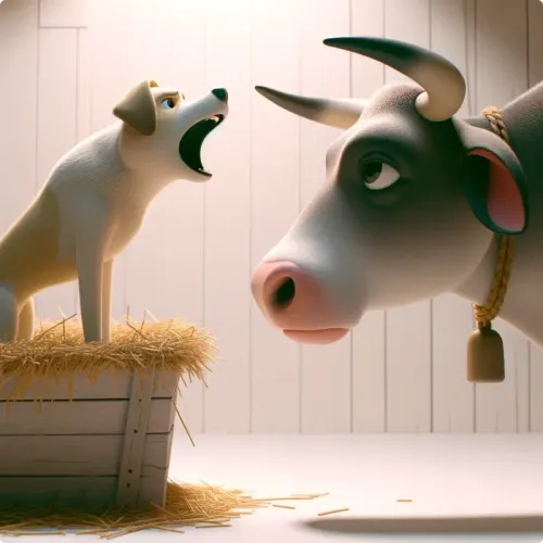 Colorful illustration of The Dog in The Manger - a fable