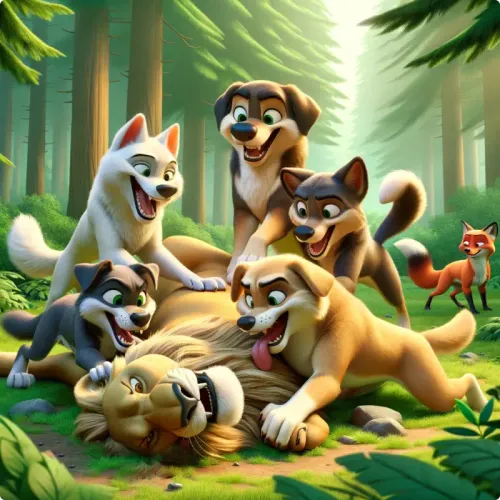 Colorful illustration of The Dogs and The Fox - a fable