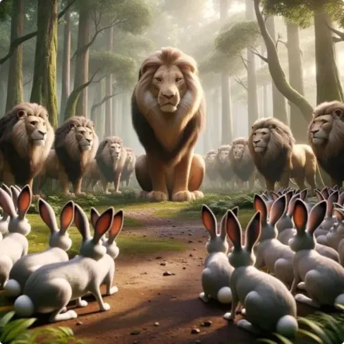 Colorful illustration of The Hares and The Lions - a fable